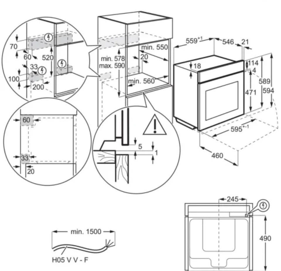 AEG BPK556260B Steambake Pyrolytic Electric Single Oven in Black - A+ Rated stock photo of installation diagram
