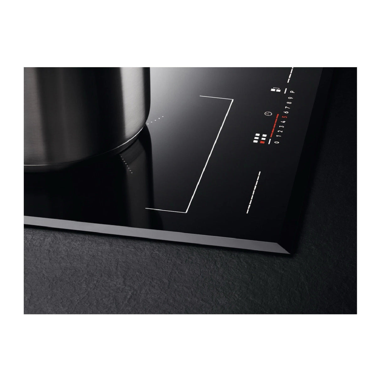 AEG IKE85651 80cm Multibridge Induction Hob from HomeWise Appliances stock photo showing close up of the frameless surround and bevelled corner edge.