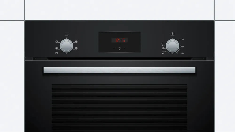 Bosch HHF113BA0B Built-in Single Oven with fitted 13Amp Plug in Black from HomeWise Appliances stock photo showing close up of the control panel.