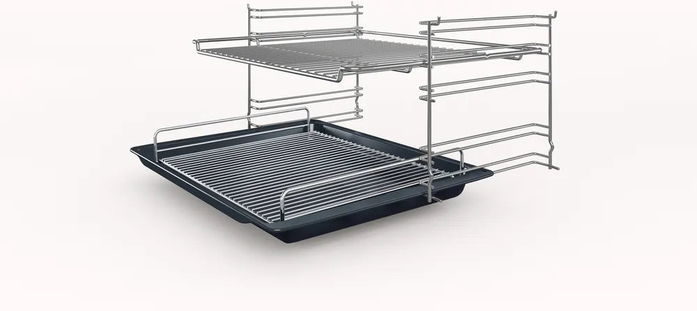 Bosch HHF113BA0B Built-in Single Oven with fitted 13Amp Plug in Black from HomeWise Appliances stock photo showing wire shelves and tray