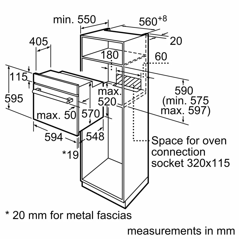 Bosch HHF113BA0B Built-in Single Oven with fitted 13Amp Plug in Black from HomeWise Appliances stock photo showing installation diagram for a tall tower unit with dimensions.