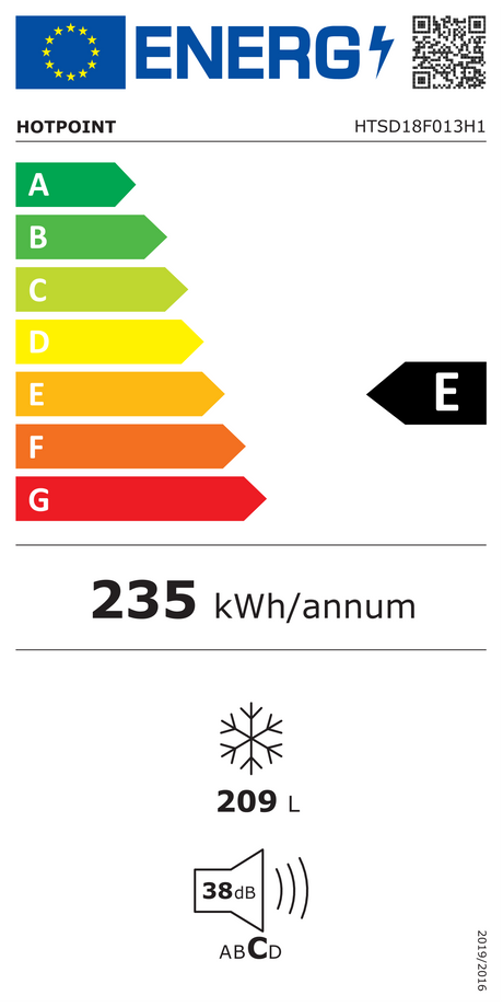 Hotpoint HTSD18F013H1 209 Litre Tall Built-In Freezer with No Frost - E Rated from HomeWise Appliances.  stock photo graphic Energy E Rated label 
