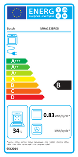 Bosch Series 2 MHA133BR0B (79) Built In Electric Double Oven in Stainless Steel from HomeWise Appliances. Stock photo showing B Rated energy label for the secondary cavity.
