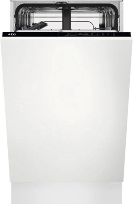AEG FSX51407Z Series 5000 AirDry 45cm Integrated Slimline Dishwasher with Black Control Panel, F Rated from HomeWise Appliances. Stock photo front of appliance with decor panel fitted.