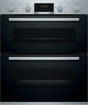 Bosch Series 4 NBS533BS0B Electric Built-Under Electric Double Oven in Stainless Steel from HomeWise Appliances. Stock photo showing front of the oven with red led display illuminated.