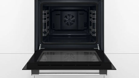 Bosch HHF113BA0B Built-in Single Oven with fitted 13Amp Plug in Black from HomeWise Appliances stock photo showing door open and internal cavity