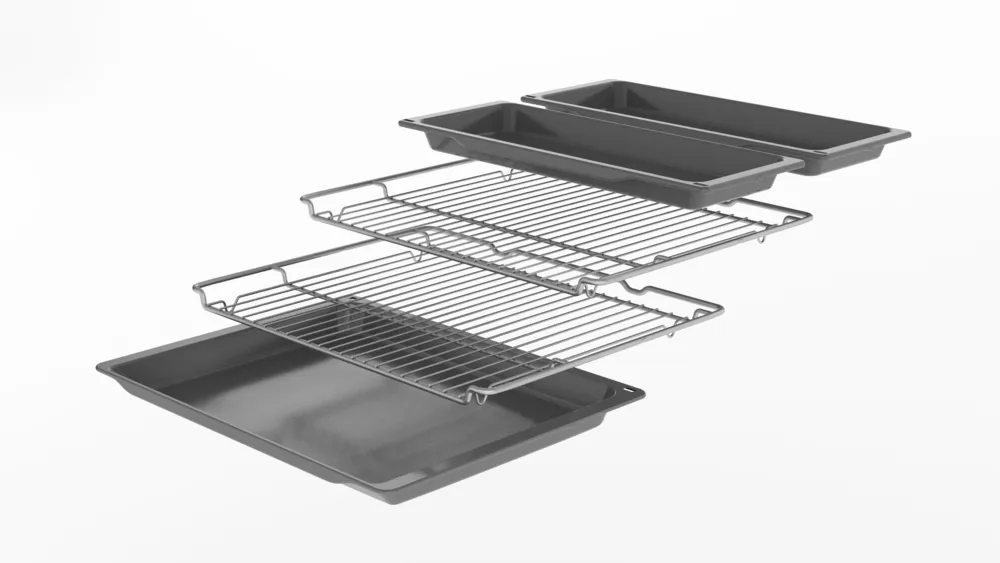 Bosch Series 4 NBS533BS0B Electric Built-Under Electric Double Oven in Stainless Steel from HomeWise Appliances. Stock photo showing internal furniture of trays and wire racks.