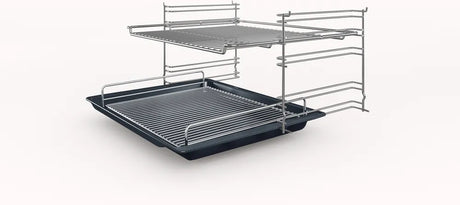 Bosch HHF113BA0B Built-in Single Oven with fitted 13Amp Plug in Black from HomeWise Appliances stock photo showing wire shelves and tray 