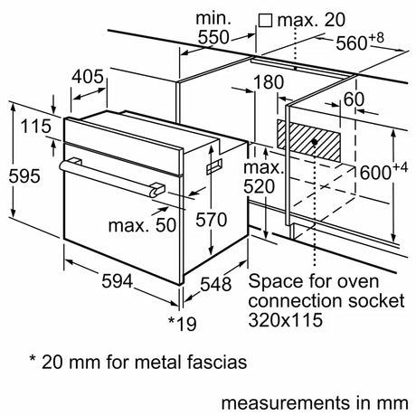 Bosch HHF113BA0B Built-in Single Oven with fitted 13Amp Plug in Black from HomeWise Appliances stock photo showing installation diagram for a under counter unit with dimensions.