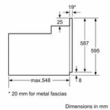 Bosch HHF113BA0B Built-in Single Oven with fitted 13Amp Plug in Black from HomeWise Appliances stock photo showing diagram of the oven with external dimensions.