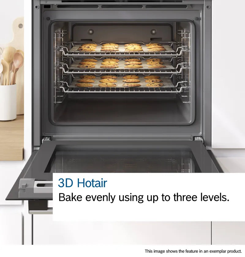 Bosch Series 2 MHA133BR0B (79) Built In Electric Double Oven in Stainless Steel from HomeWise Appliances. Stock photo showing graphic for 3D Hotair  allowing you to bake evenly using up to three levels.
