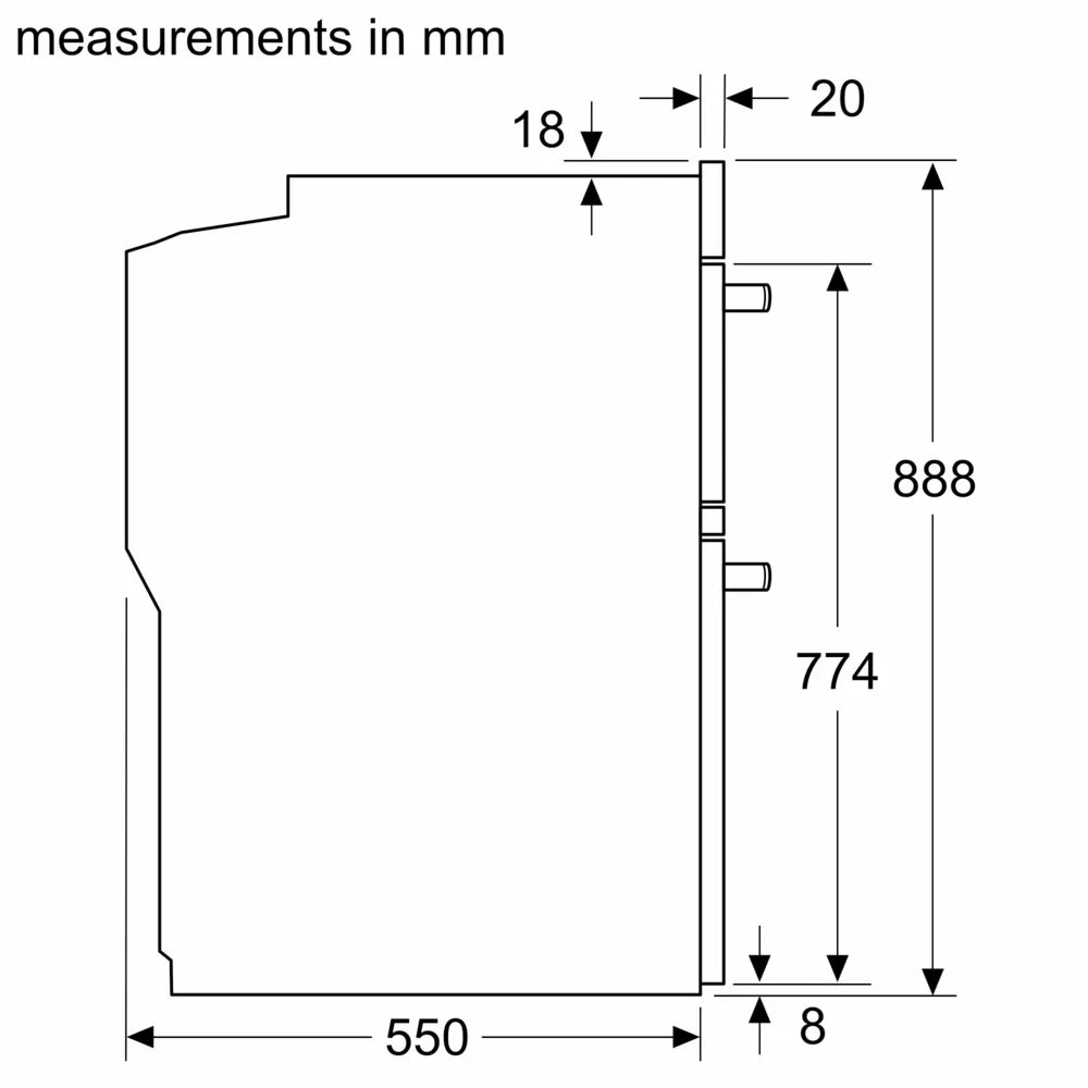 Neff N50 U1ACE2HN0B (10) Built-In Electric Double Oven in Stainless Steel - A Rated from HomeWise Appliances Graphic showing side profile of the oven with measurements