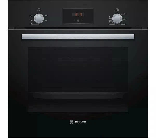 Bosch HHF113BA0B Built-in Single Oven with fitted 13Amp Plug in Black from HomeWise Appliances stock photo showing front of the oven.